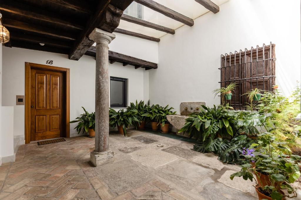 杜尔卡尔La Casa De Almocita的客厅设有木门和植物