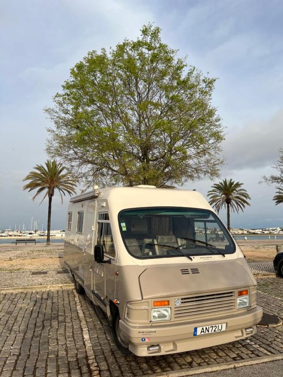 波尔蒂芒Rent a BlueClassics 's Campervan le Voyageur In Algarve au Portugal的停在树旁砖路上的白色货车