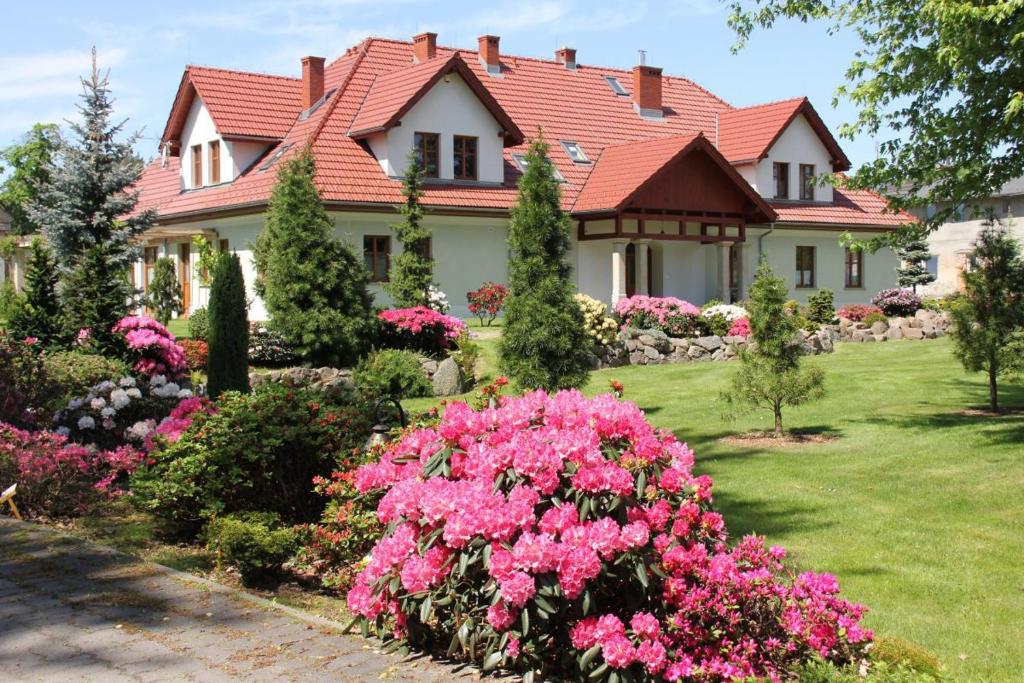 IłowaDworek Azalia的院子里有粉红色花的房子