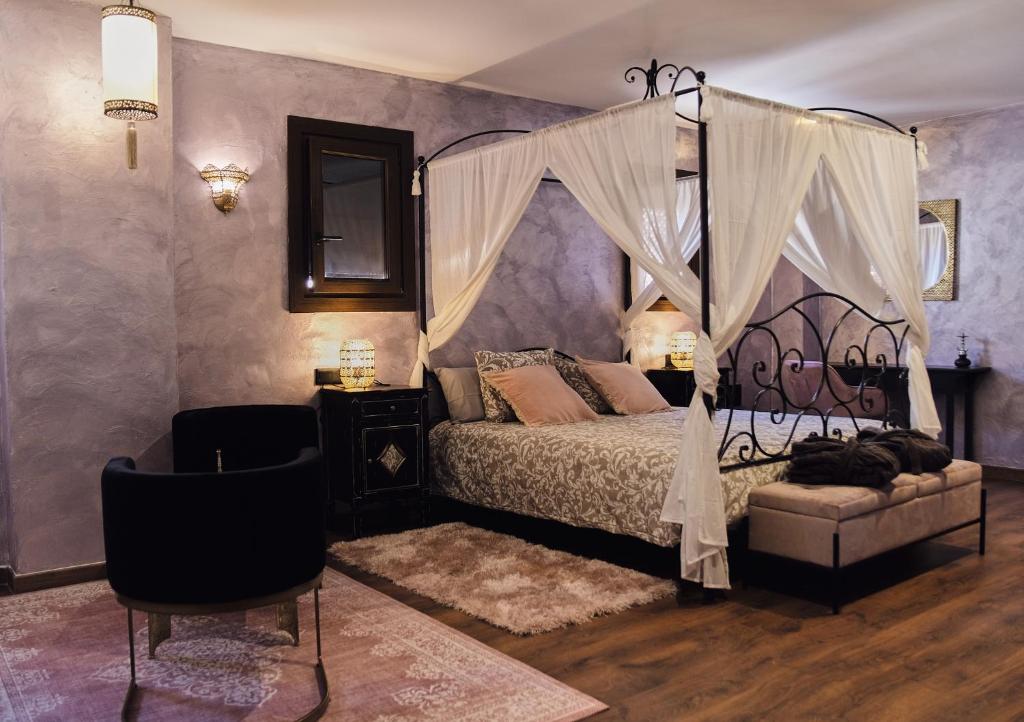 奇克拉纳－德拉弗龙特拉Riad Medina Mudéjar Cádiz的一间卧室配有一张天蓬床和一把椅子