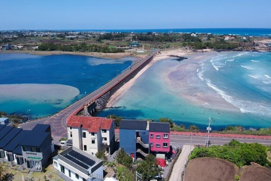 济州市Jeju Gaviota Pension的享有海滩的空中景致,设有房屋和海洋