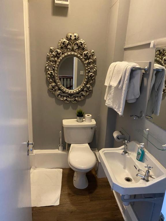 爱丁堡Ellwyn House的一间带卫生间、水槽和镜子的浴室