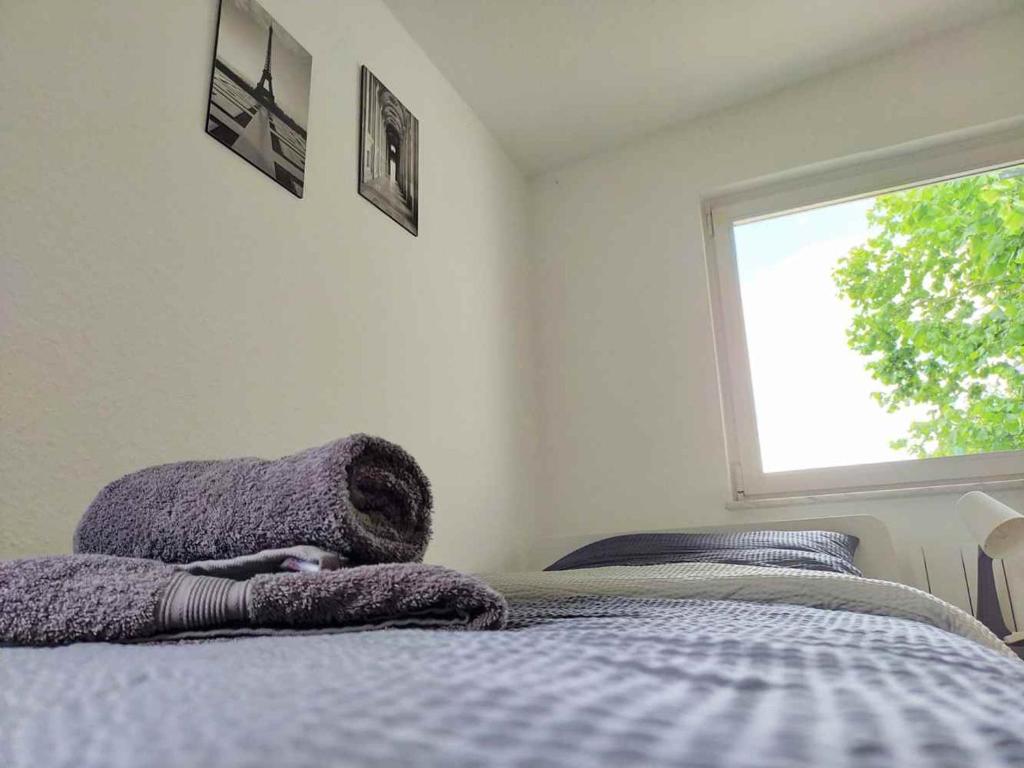 GedernCozy & Modern 4 Room Flat near Hanau的一间卧室配有一张带毯子的床和窗户