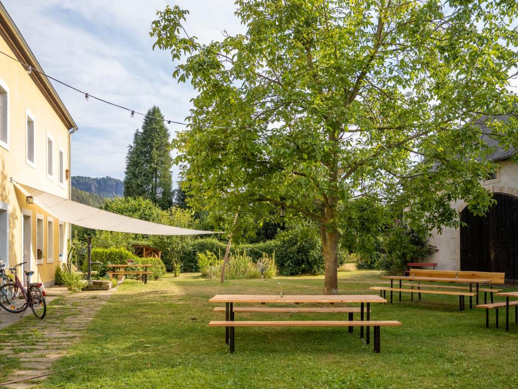 拉特诺Hinterland Hostel的草地上长着长椅和树的公园
