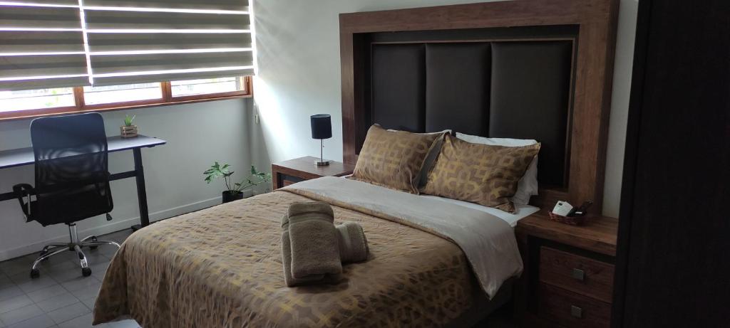 瓜达拉哈拉Leveli Coliving的一间卧室配有一张床、一张桌子和一把椅子