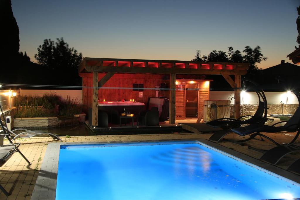 艾居厄河畔卡马勒Chalet Mont Ventoux et Chalet VIP的夜间在后院的带壁炉的游泳池