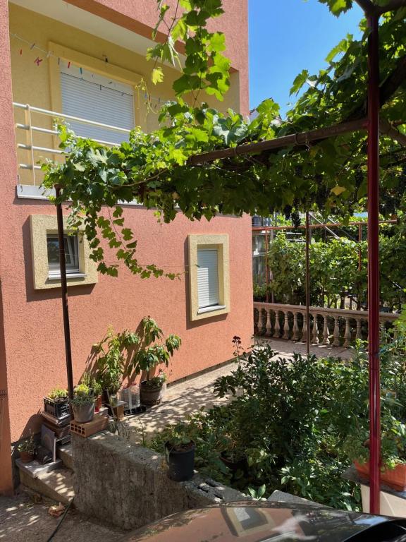 波德戈里察Gorica hill apartment的前面有盆栽植物的粉红色建筑
