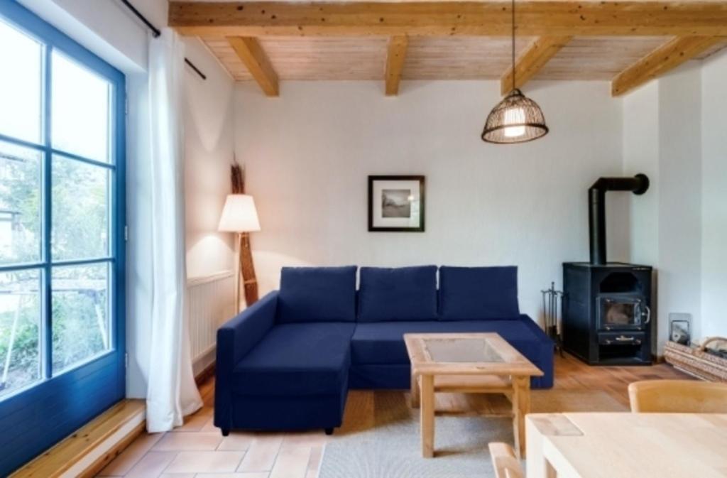 朗克维茨4-Raum Apartment bis 8 Pers 41的客厅配有蓝色的沙发和燃木炉。