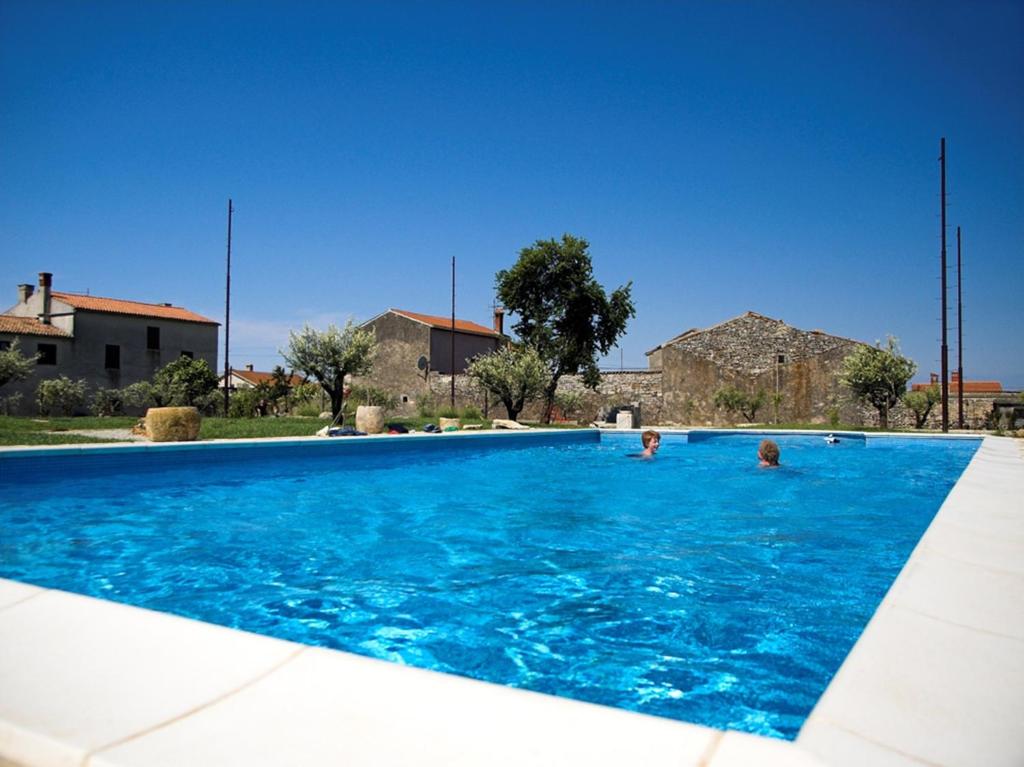 法扎纳Marceta - Apartments & Rooms with Swimming Pool的两人在蓝色的大型游泳池游泳