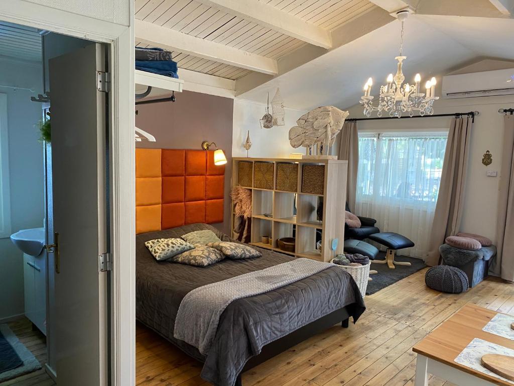 赫尔Vakantiehuisje De Waterhoek的一间卧室设有一张床和一间客厅。