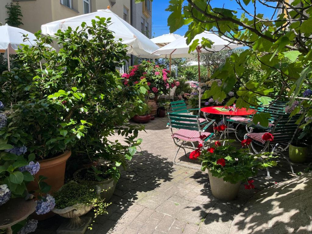 罗尔沙赫莫扎特酒店的一个带桌椅和盆栽的庭院