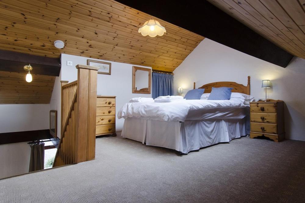 卡纳芬Hafoty Farm Cottages的一间卧室设有两张床和木制天花板