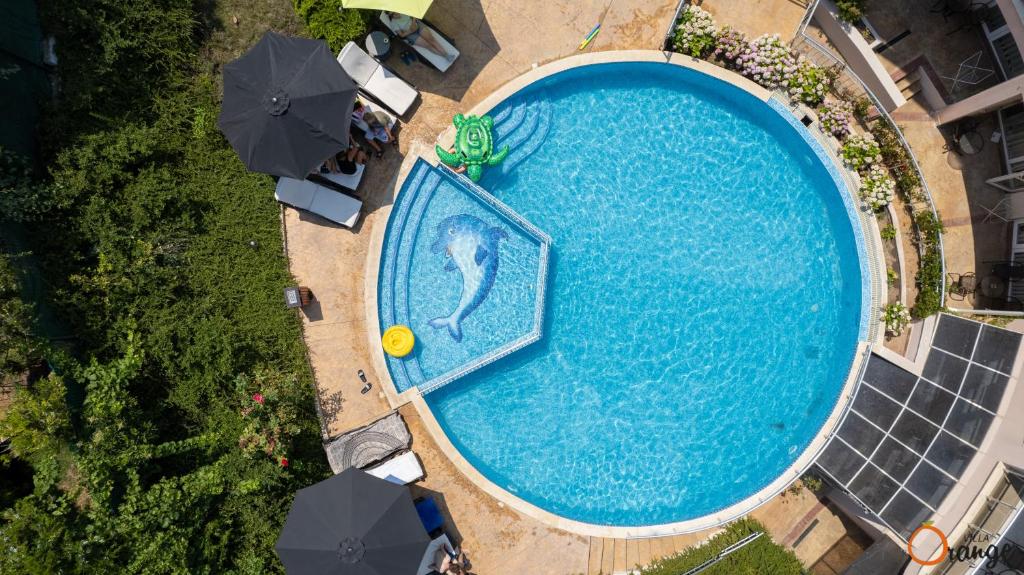 索佐波尔奥林奇别墅公寓式酒店的享有带遮阳伞的大型游泳池的顶部景致