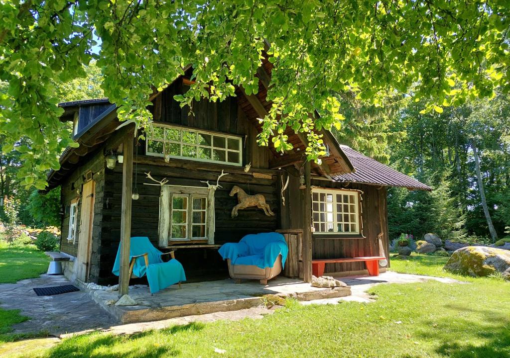 PuisePuise saunahouse and outdoor kitchen at Matsalu Nature Park的前面设有蓝色椅子的小小木屋