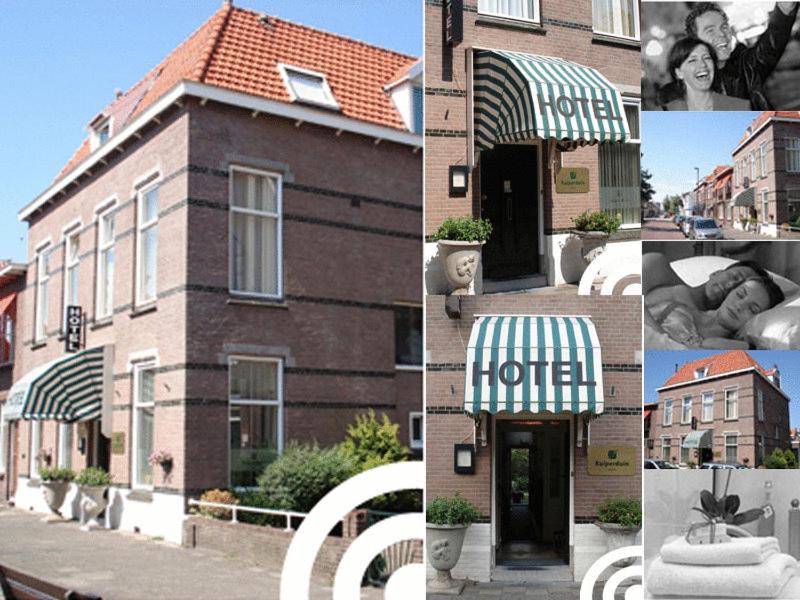荷兰之角奎普顿酒店的附有标志的建筑物照片的拼贴