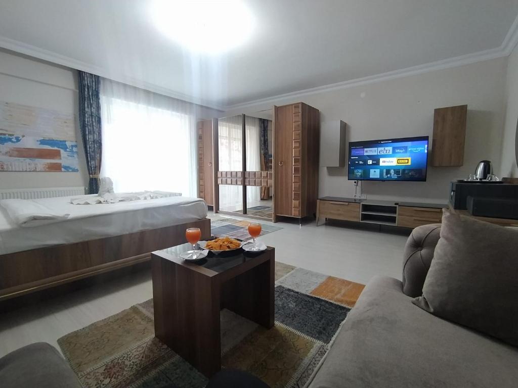 博卢Bolu Deluxe Otel的带沙发、床和电视的客厅