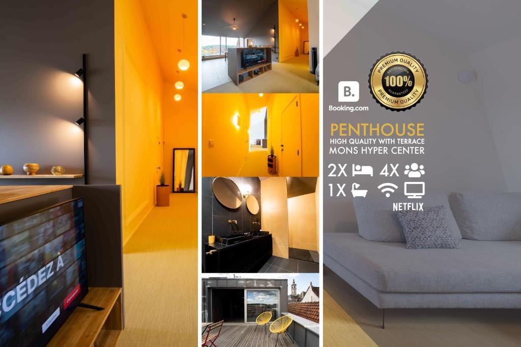 蒙斯Luxury Penthouse & Terrace - Mons City Center的客厅里的照片拼凑而成的电视