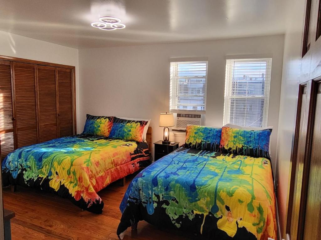 巴尔的摩Reservoir Hill Mansion - 4 bedrooms的一间卧室设有两张床和两个窗户。