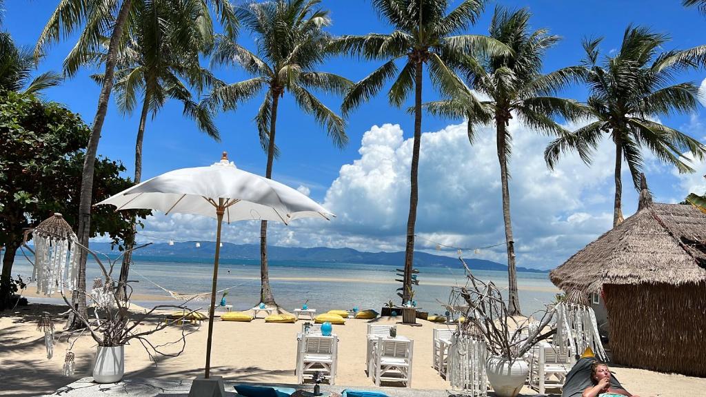 班泰Sea Love Beach Bar & Bungalows的海滩上设有椅子和遮阳伞,棕榈树