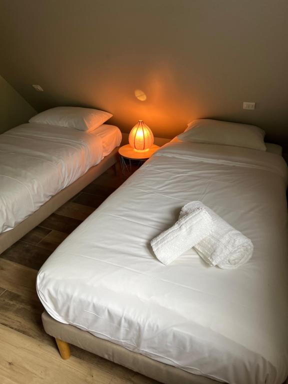 Blangy-le-ChâteauLe Domaine des Bois的一间设有两张床的客房,床上配有一条毛巾