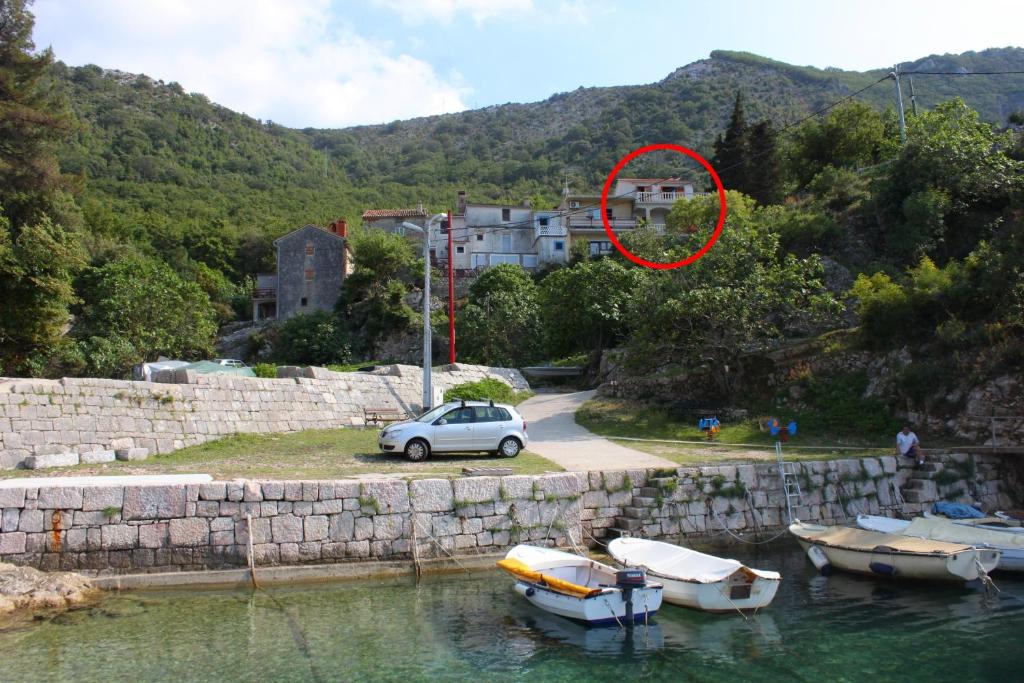 茨雷斯Apartments by the sea Merag, Cres - 11791的停泊在水中的船旁的汽车