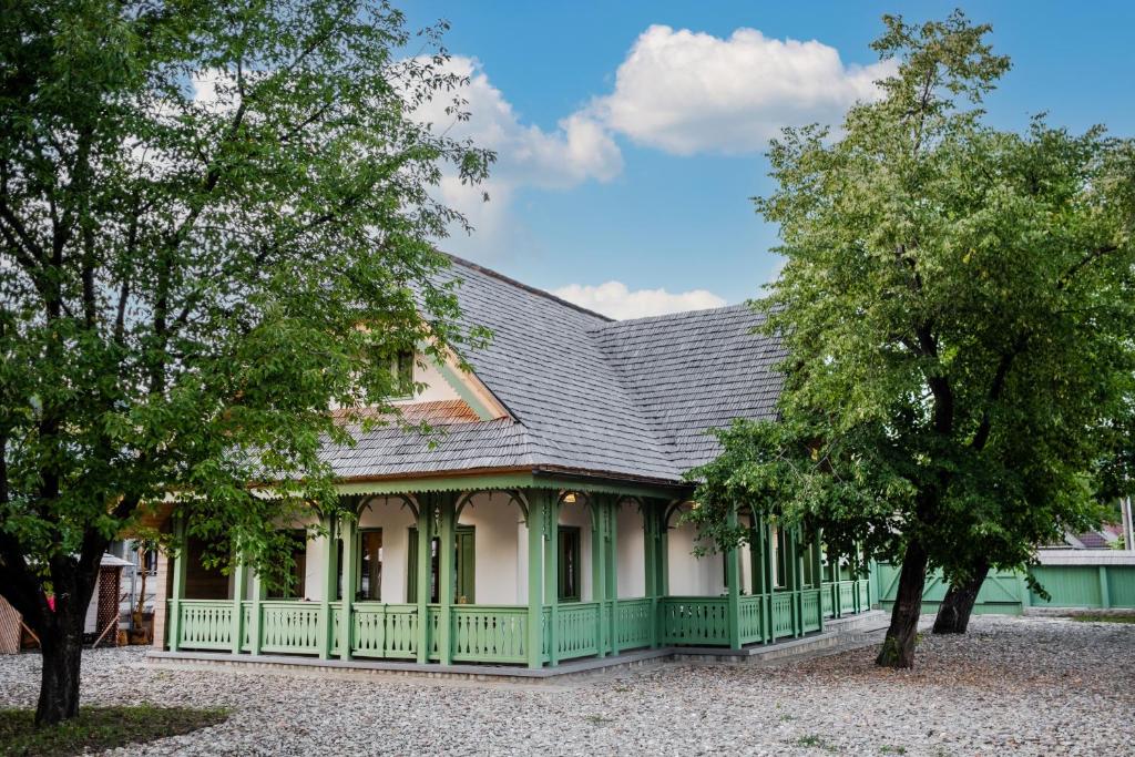 皮亚特拉-尼亚姆茨Dimineți în Cerdac的一座带绿色屋顶和树木的古老房子