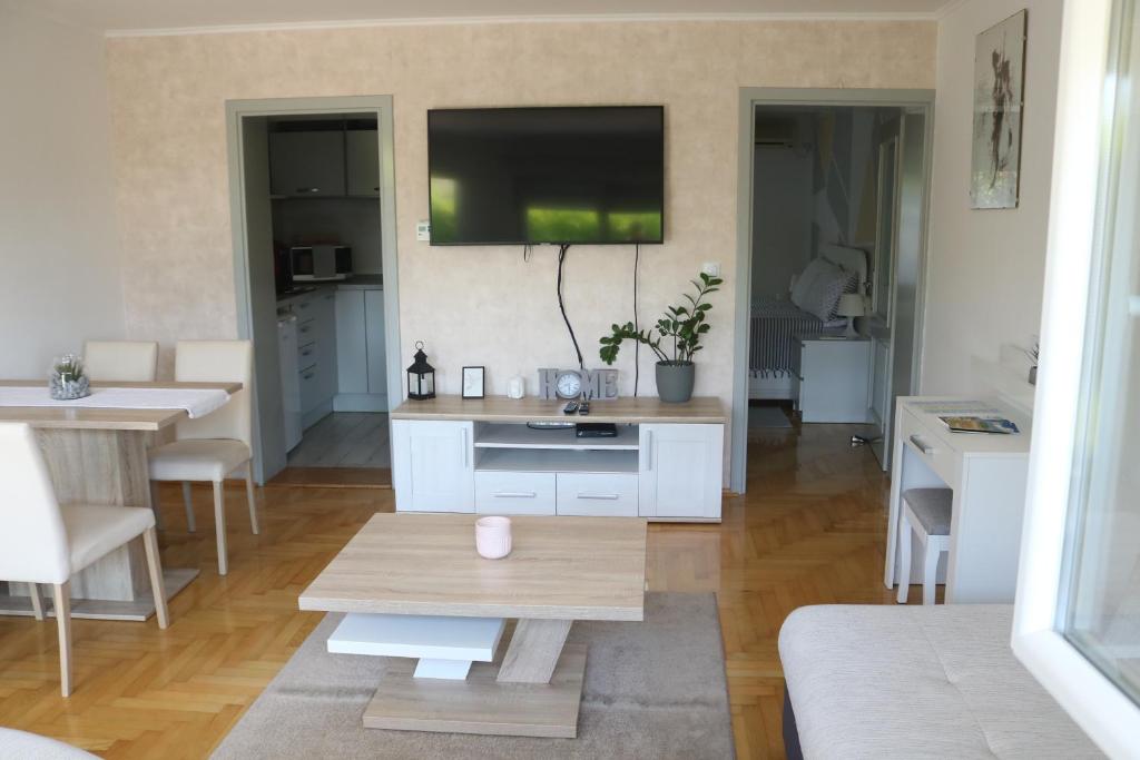萨格勒布Apartment Elize的客厅配有桌子和墙上的电视