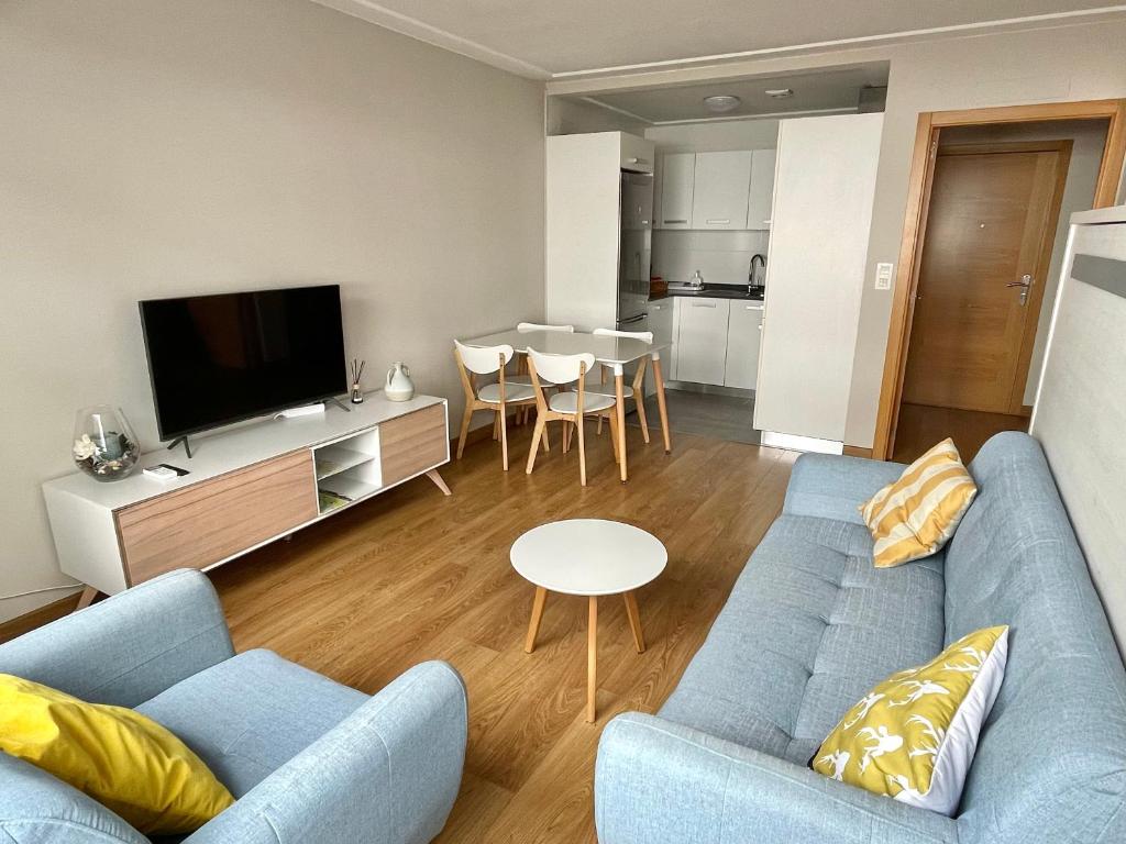 奥伦塞Estudio céntrico 1 con terraza y parking privado的客厅配有蓝色的沙发和电视