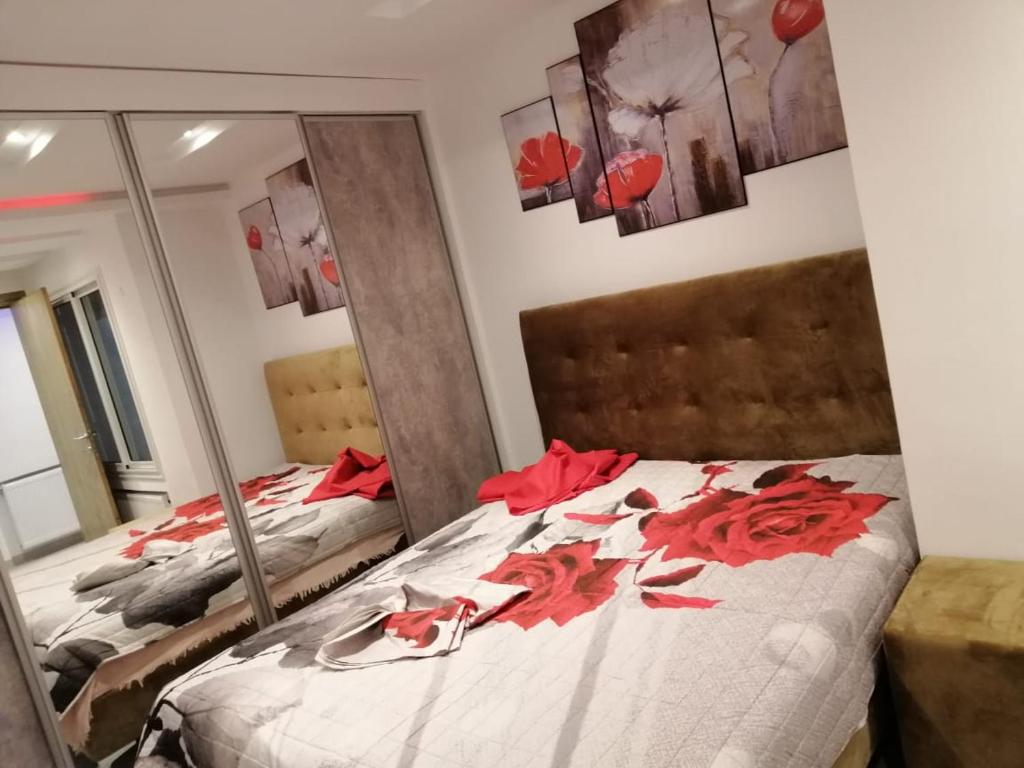 突尼斯Derby de Cité el Khadra的一间卧室配有两张红色玫瑰床。