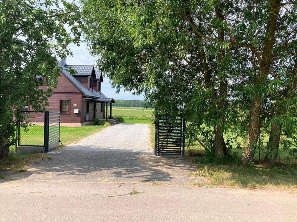 Domek nad stawem的通往有门和树木的房子的车道