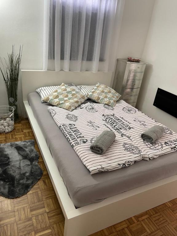 卡特兹奥布萨维Hiška Orel Terme Čatež的卧室内的一张带两个枕头的床