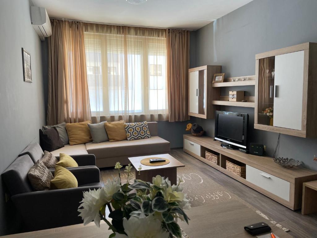 瓦尔纳Radost的带沙发和电视的客厅