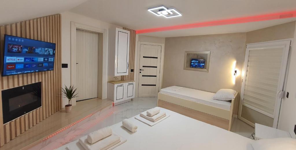 尼什Pansion Eden的一间卧室配有两张床和一台平面电视