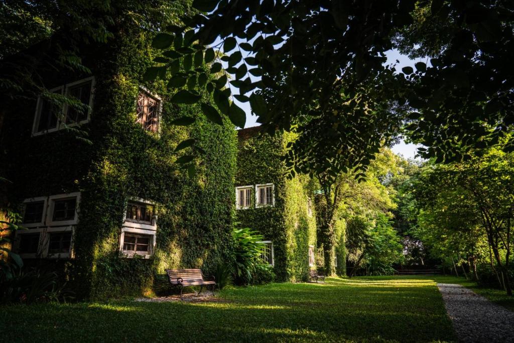 讪巴东高迈兰纳度假村的常春藤覆盖的楼房,草上设有长凳