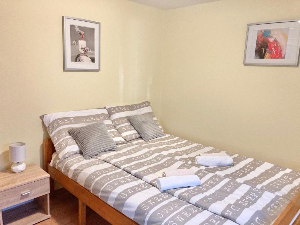 萨格勒布Mlinovi的卧室内的一张床位,配有两个枕头