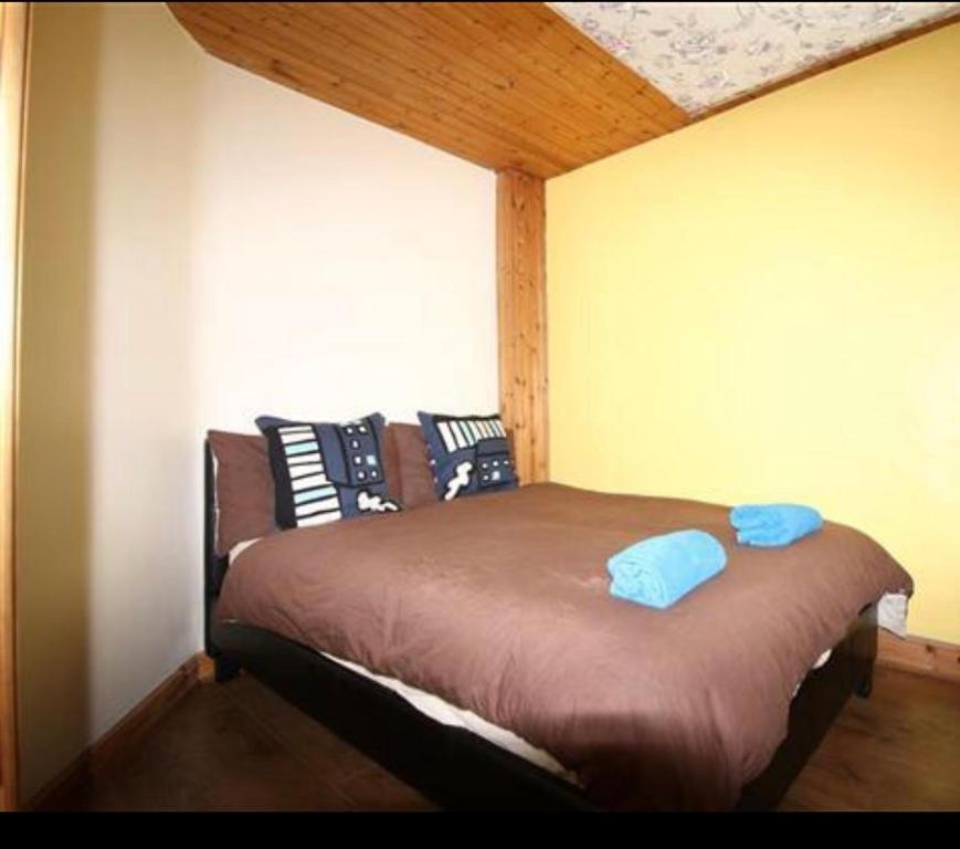 伦敦Shakespeare inn的一间卧室配有一张带蓝色枕头的床。