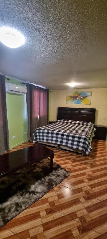 圣地亚哥Casa Enea Pudahuel的一间卧室配有一张床,铺有木地板