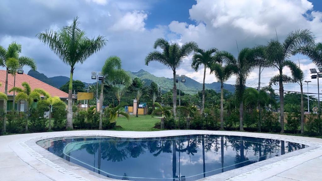 利帕3 Peaks Resort & Boutique Hotel的一座棕榈树和山脉环绕的游泳池