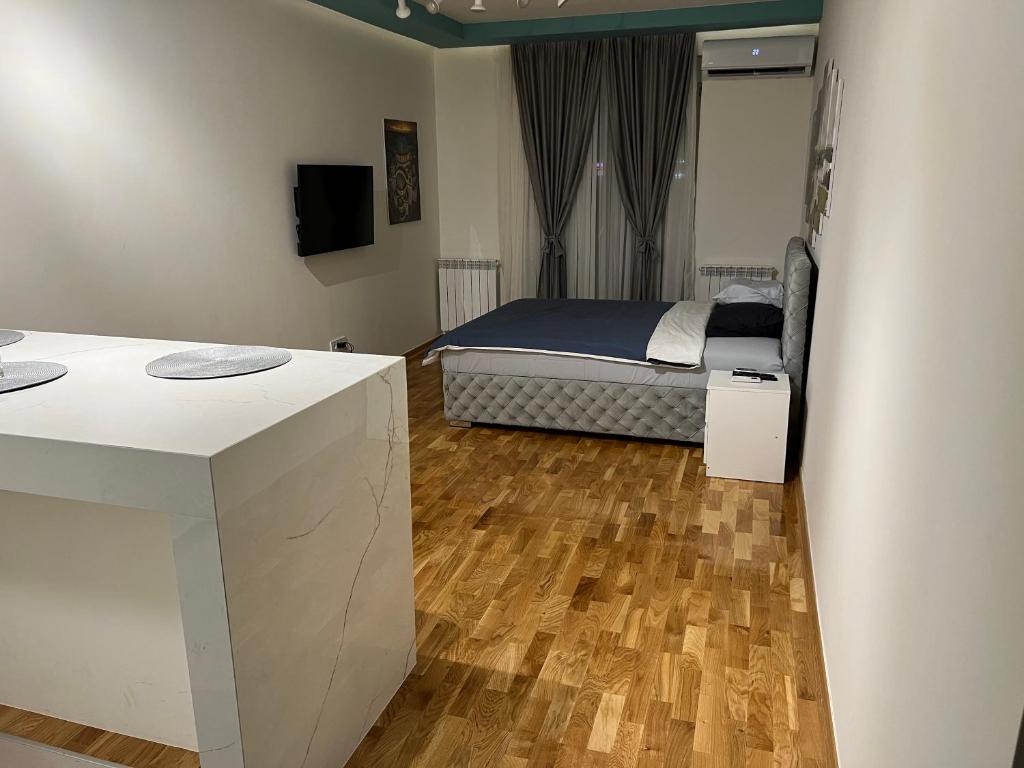 KaraburmaKoTa apartmani Beograd的一间卧室配有一张床,铺有木地板