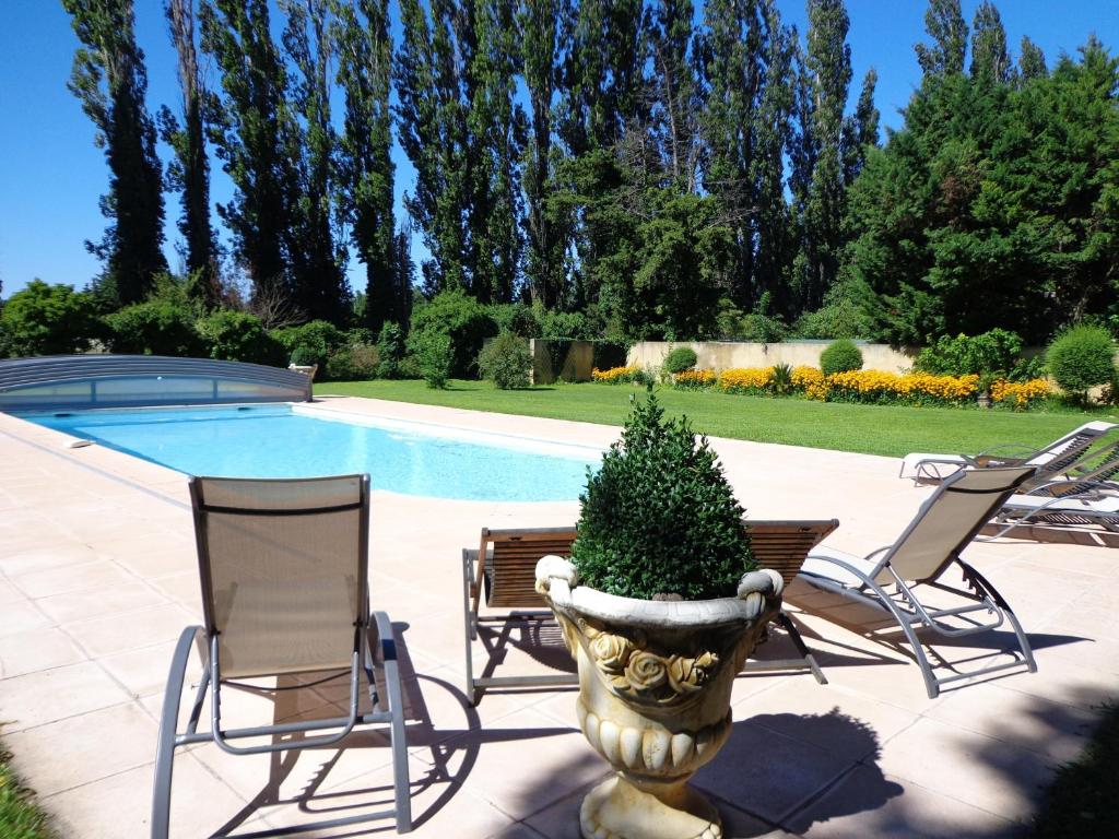 卡瓦永Domaine Les Rivales的一组椅子和泳池旁的盆栽植物