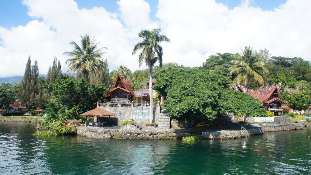 图克图克罗姆兰旅馆的棕榈树在水中的一个岛上的房子