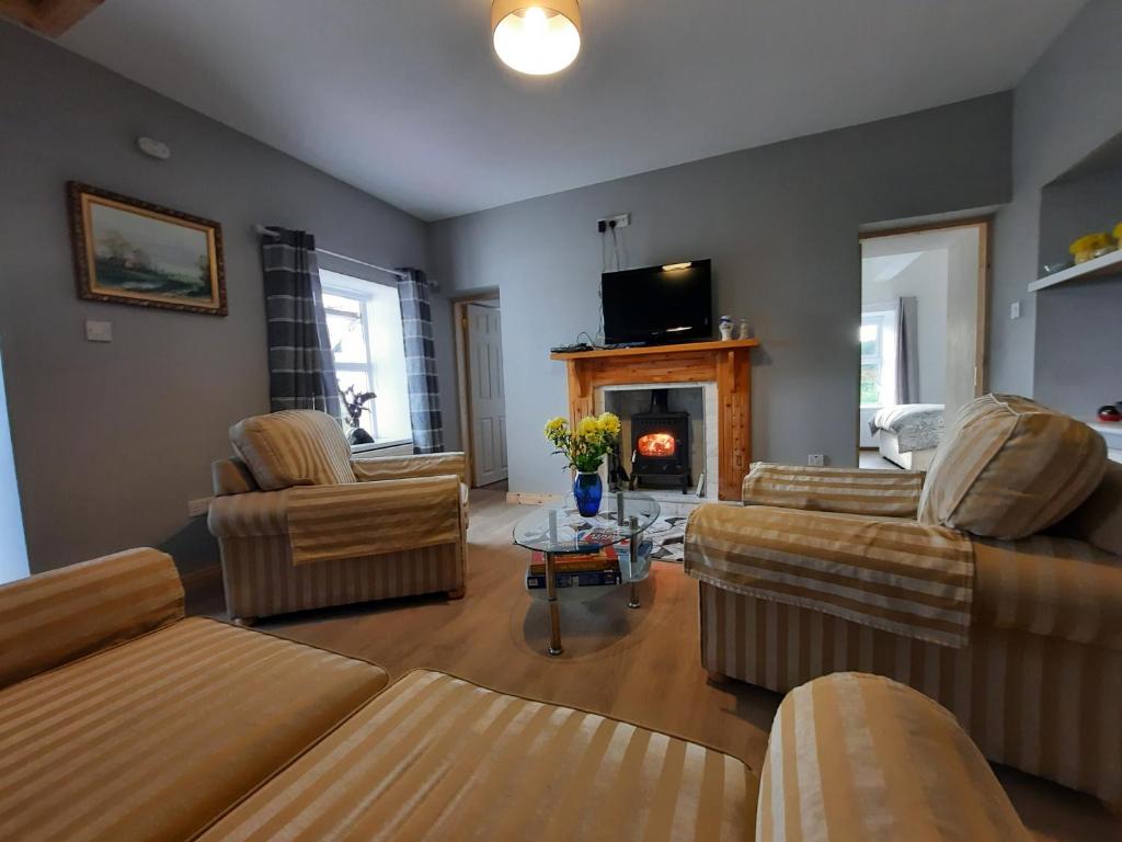 克利夫登Conneelys Cottage, Connemara, Clifden, H71Y096的带沙发和壁炉的客厅