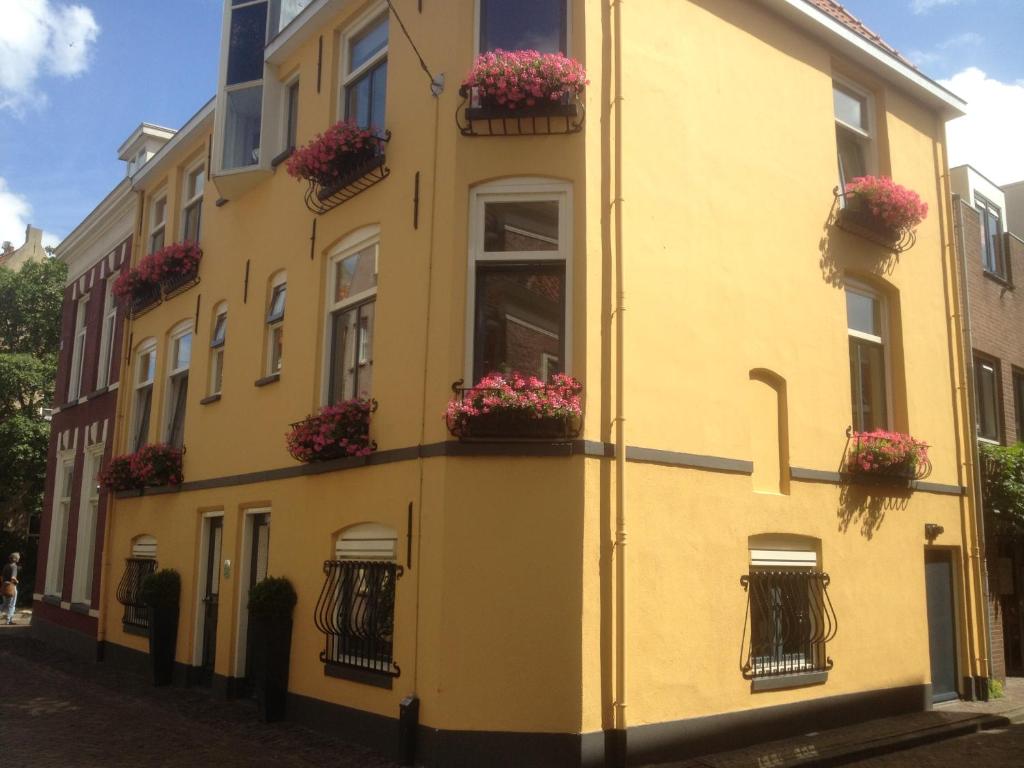 兹沃勒B&B in de Steenstraat的黄色的建筑,旁边是花盒