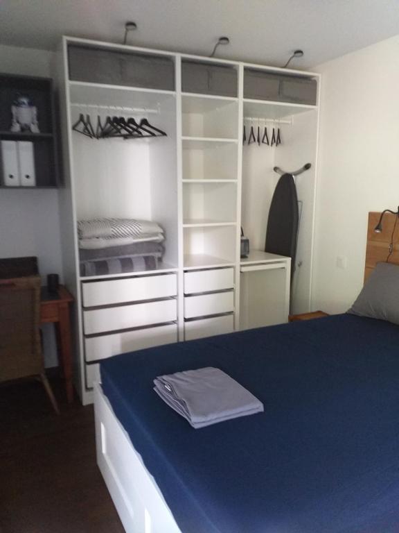 巴约讷PATIO ARENA F2的一间卧室配有一张带蓝色毯子和架子的床。