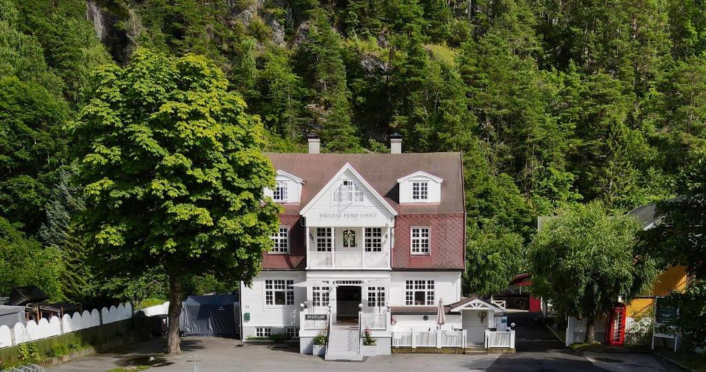瓦尔河谷Valldal Fjord Lodge B&B的山前的白色和红色大房子