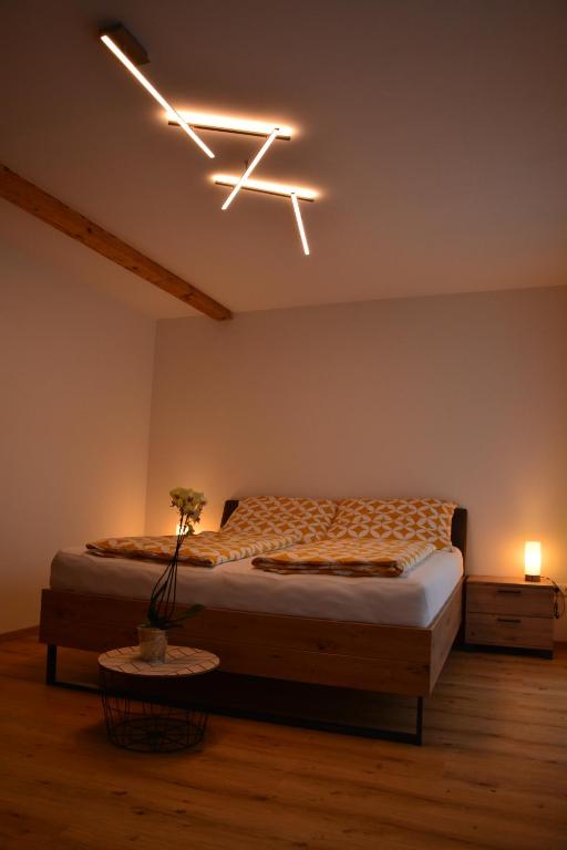 UnternalbWachtelwerkstatt的一间卧室配有一张床,天花板上拥有灯光