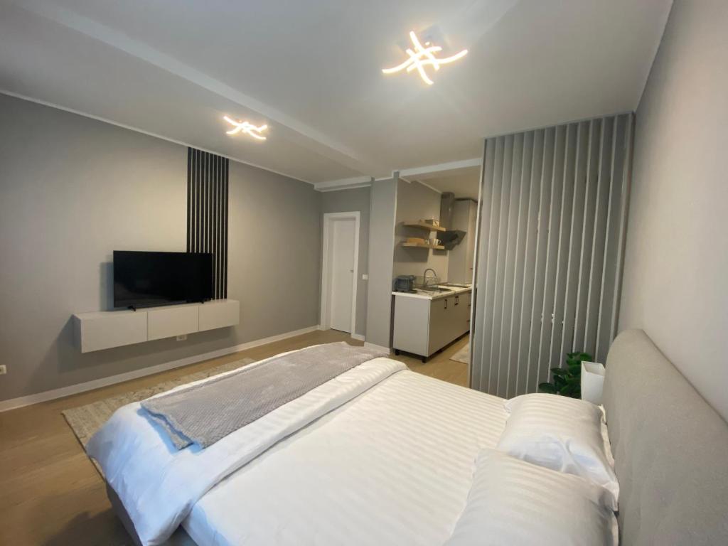 塔古玖EM04- Studio premium的一间卧室配有一张大床和电视