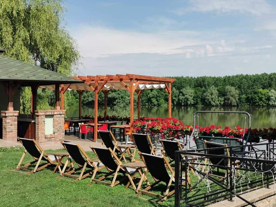 BeočinVila Odmor na Dunavu的一组椅子和一个湖畔凉亭