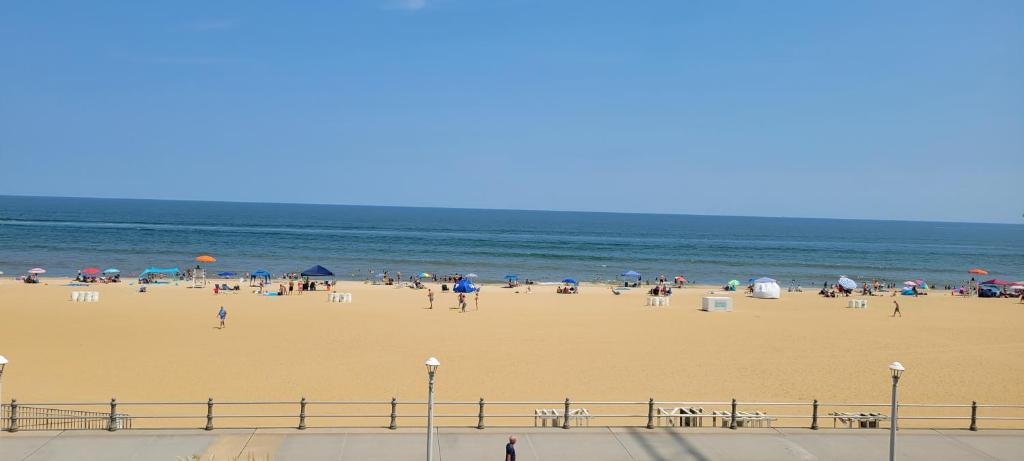 弗吉尼亚海滩Oceanfront beach, sky, & dolphins的一群人,在海边