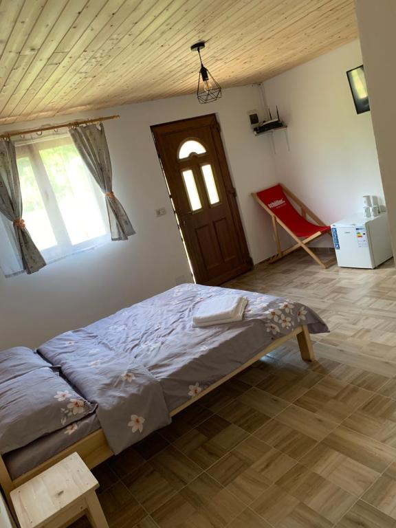 上维谢乌Căsuțele de vară的一间卧室配有一张床和一扇木门